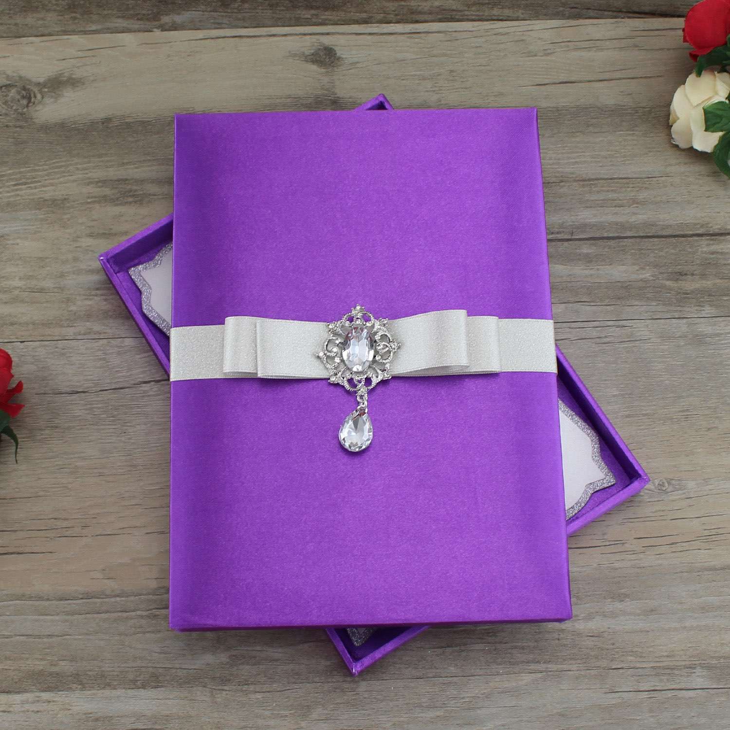 Purple Silk Box Wedding Invitation Card with Ribbon Bow Customized
